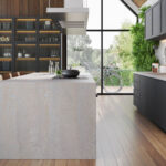 Caesarstone Primordia kitchen island with waterfall end