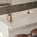 Close-up of a Caesarstone White Attica kitchen island