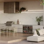 Outdoor kitchen with Caesarstone Snowdrift Porcelain worktops and backsplash