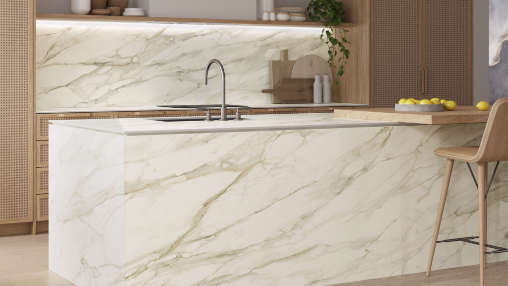 Caesarstone Mirabel Porcelain Worktops, Splashback and Kitchen Island