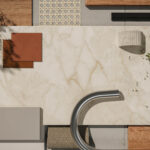 Caesarstone Marbannova porcelain kitchen worktop surface in a kitchen moodboard