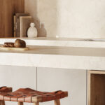 Close-up of Caesarstone Marbannova kitchen worktop and splashback in a modern kitchen