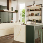 508 Isobellia Off-White Veined Porcelain Worktop in a dark green kitchen