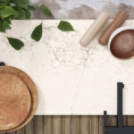 Caesarstone Solenna mineral surface in a kitchen design moodboard