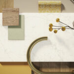 Moodboard of Caesarstone Dreamy Carrara kitchen worktop surface in a yellow scheme