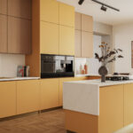 Caesarstone Dreamy Carrara mineral kitchen and island worktop in sunset yellow