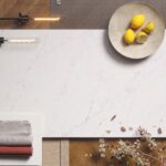 Caesarstone Dreamy Carrara moodboard in a grey kitchen