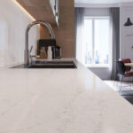 Close-up of Caesarstone Dreamy Carrara worktops in a close-up