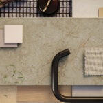 Caesarstone Mosstone Porcelain Worktop surface in a kitchen moodboard