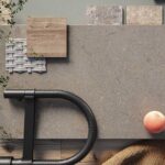 Caesarstone Auralux Textured Grey Porcelain worktop in a kitchen moodboard