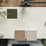 Caesarstone Lucillia in a green, brown and beige kitchen moodboard